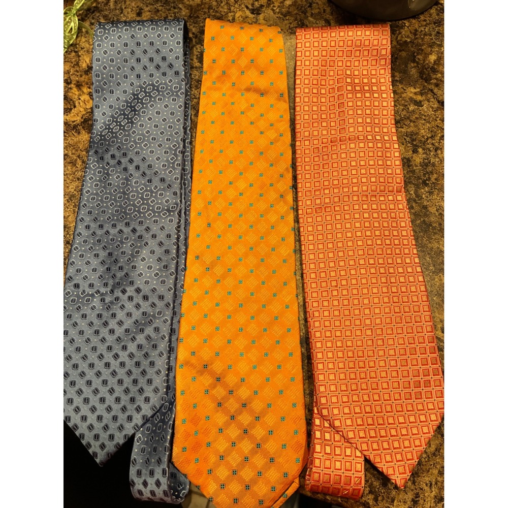 Angelino Italy Silk Necktie Lot of 3 Blue Peach Red Geometric Pattern Mens Ties
